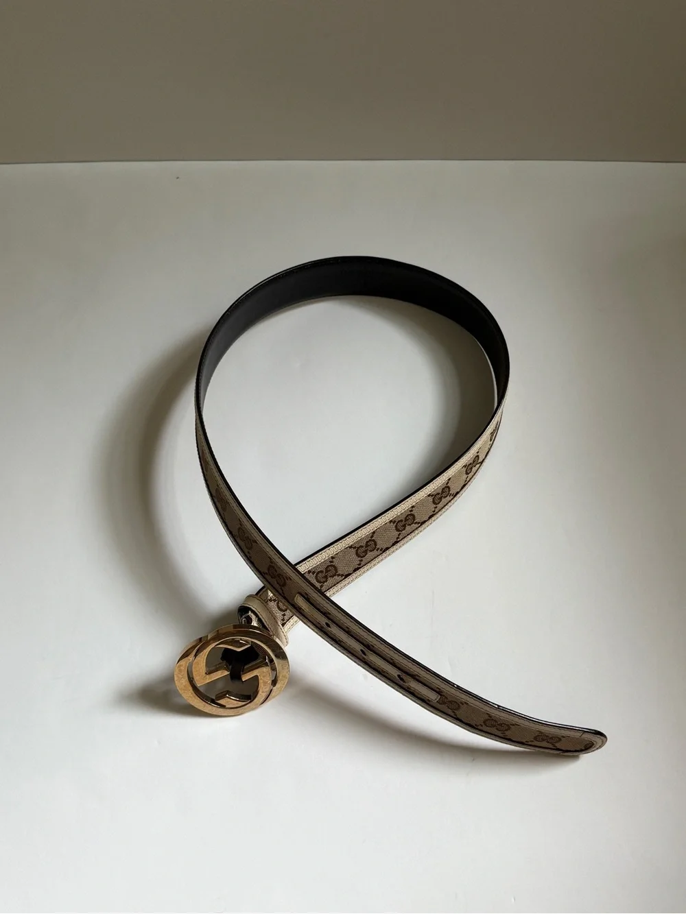 Gucci Beige Monogram Canvas Belt with Gold Double G Buckle